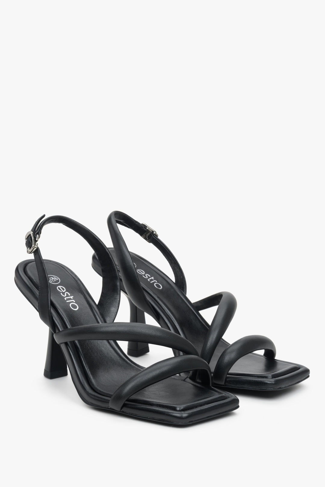 Black leather women's strappy sandals.