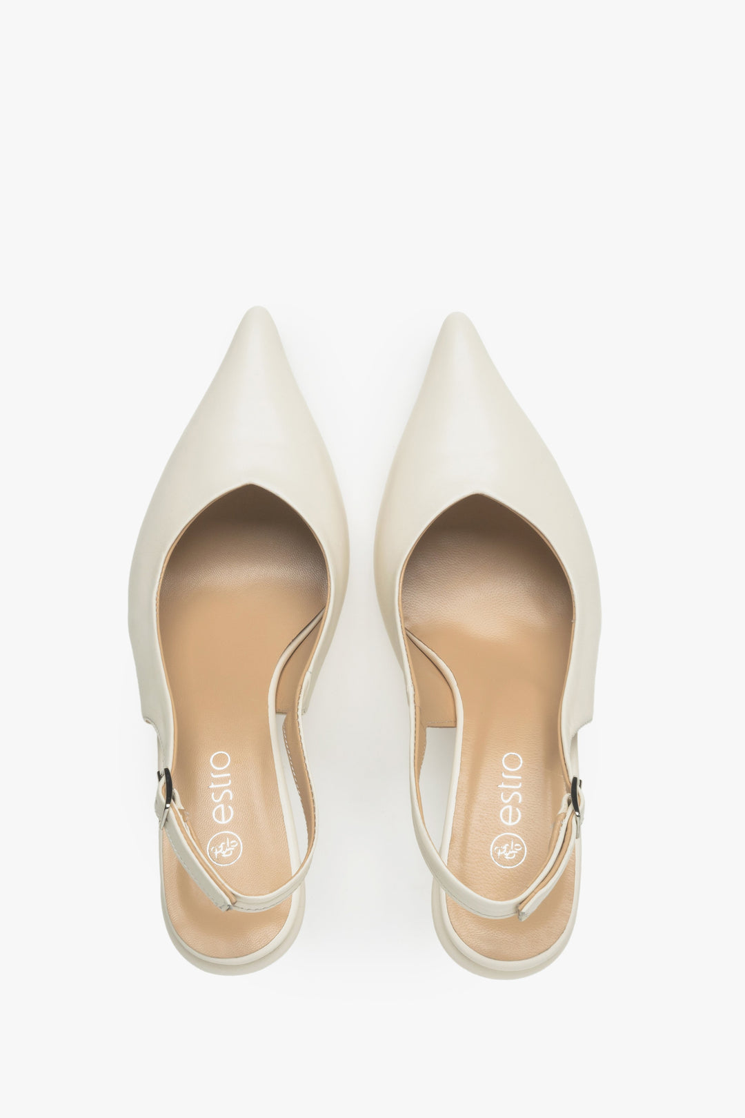 Women's white leather slingback pumps - top view presentation of the model.