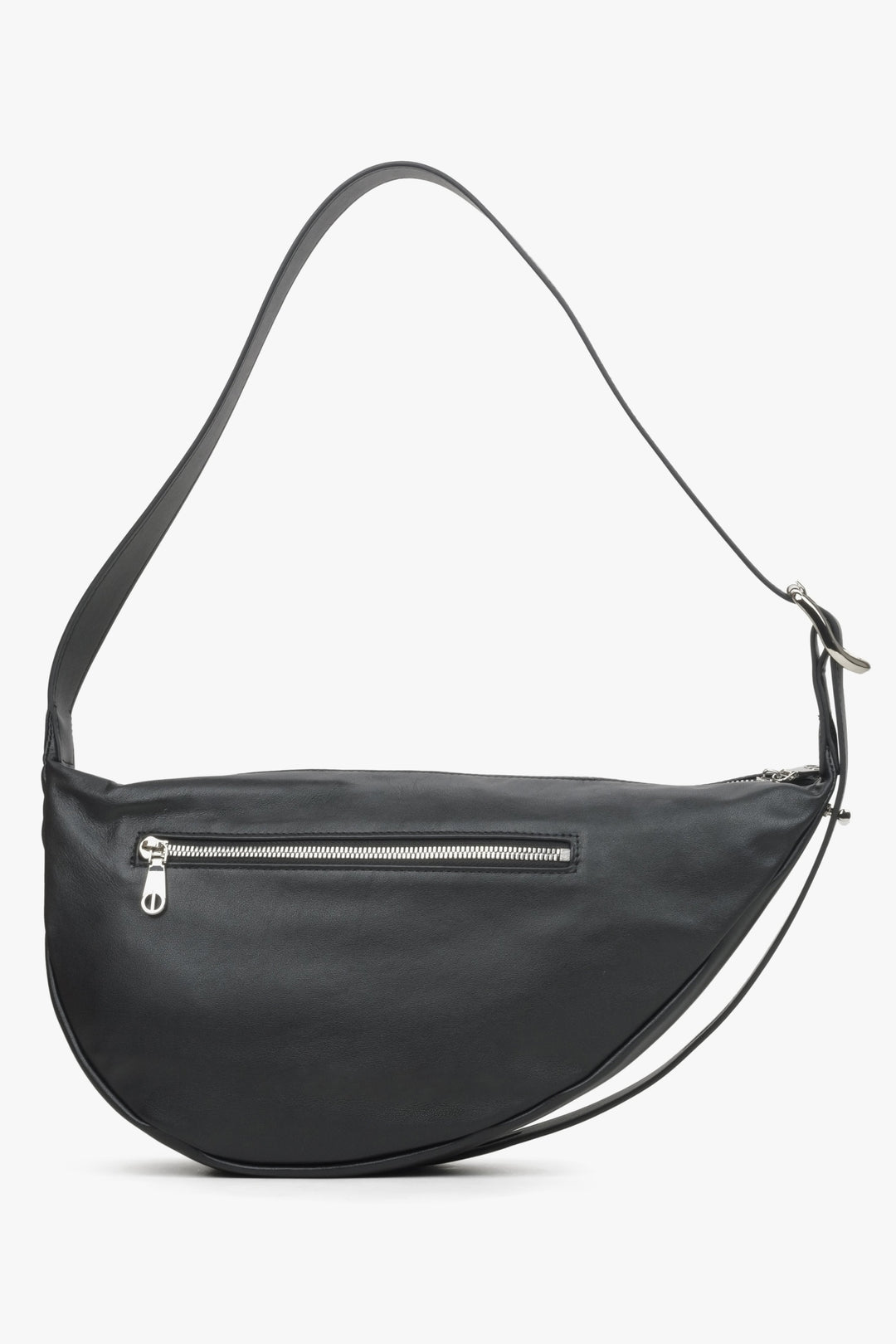 Women's black leather Estro shoulder bag - back view of the model.