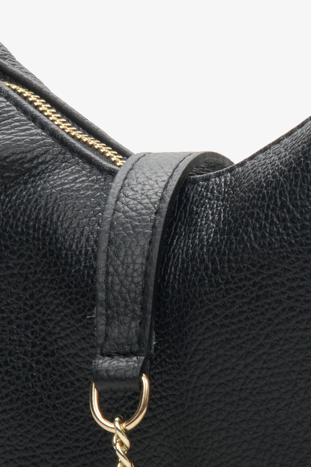 Women's black leather handbag by Estro - close-up on details.