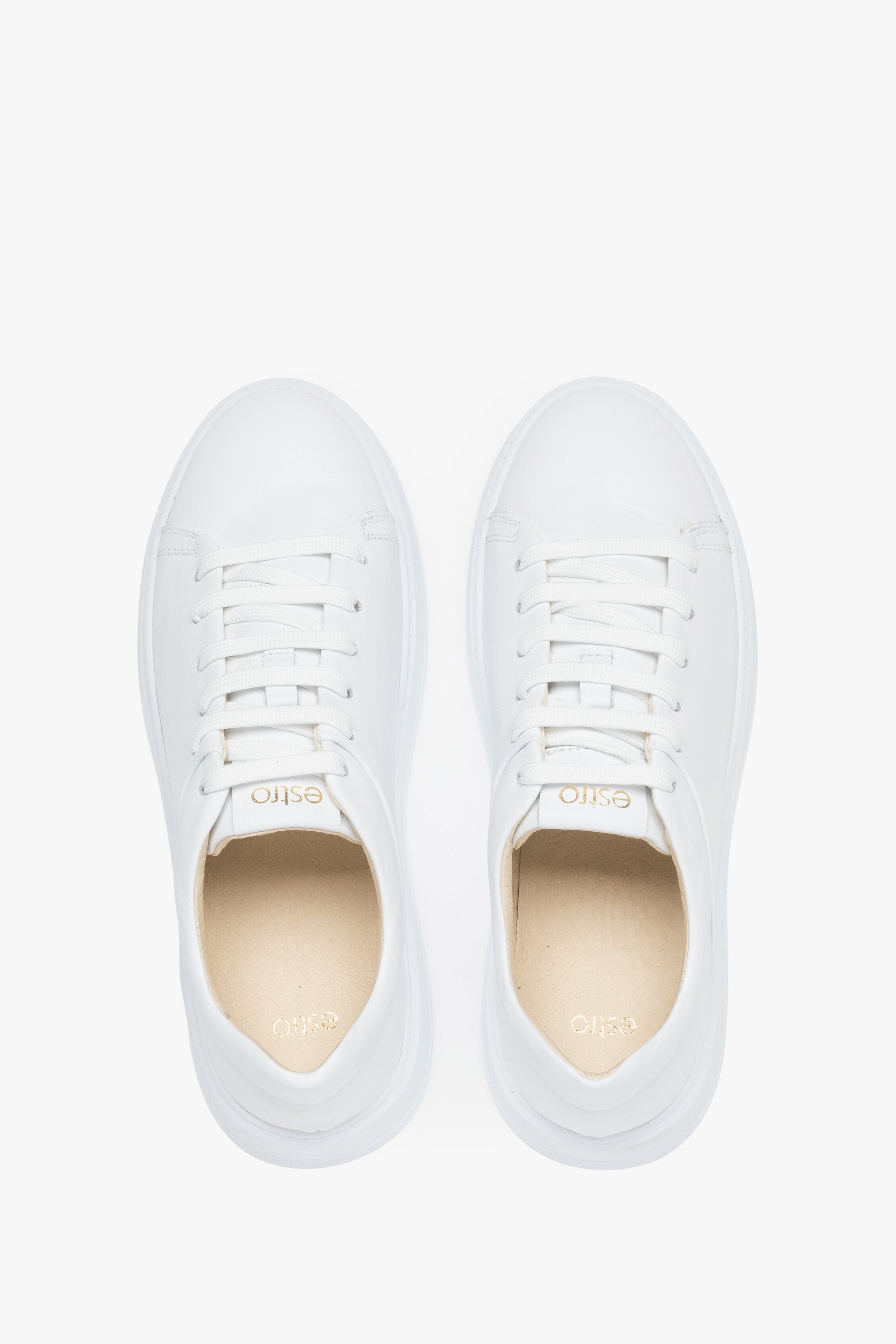 White leather women's sneakers - top view presentation.