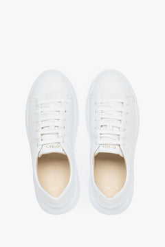 White leather women's sneakers - top view presentation.