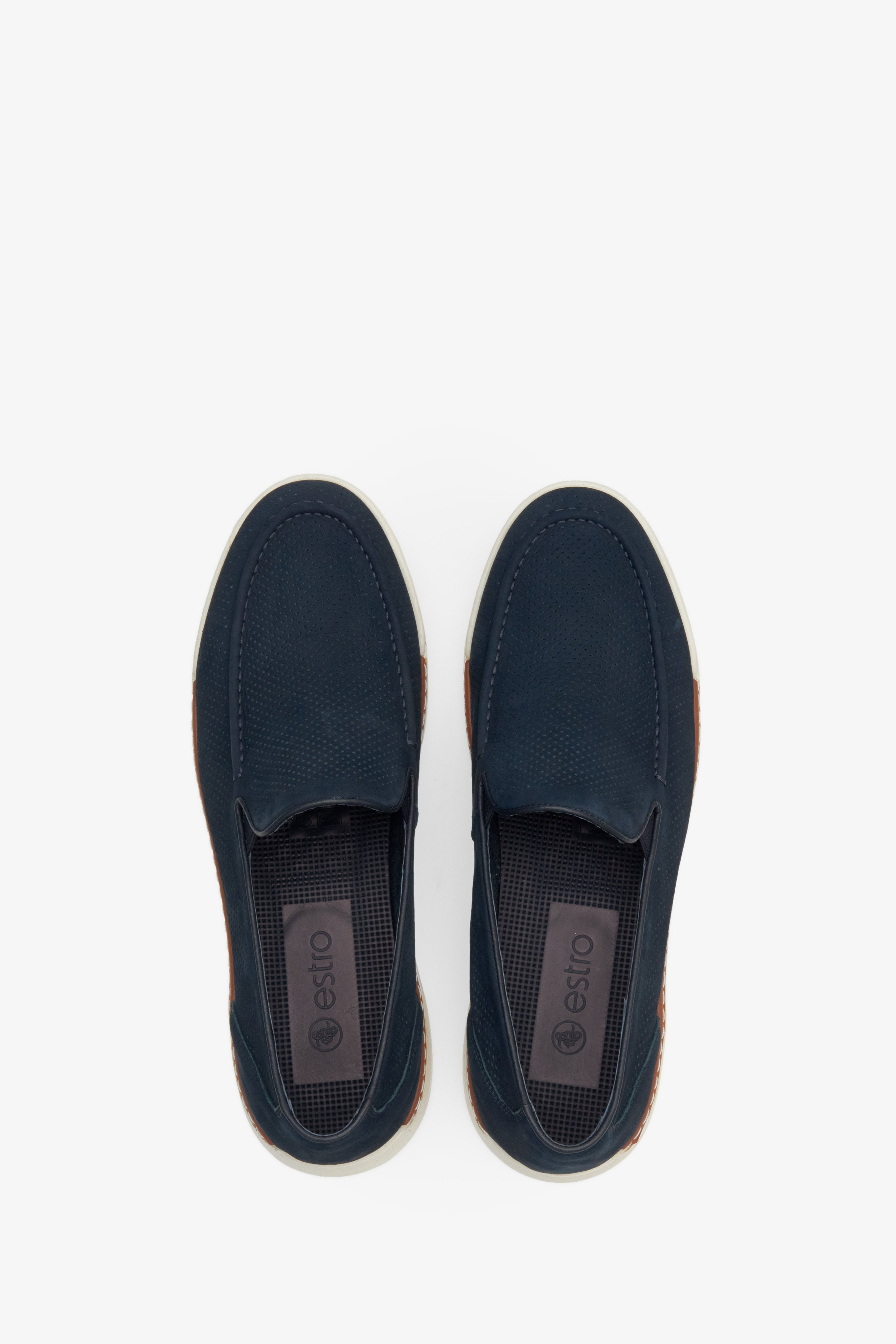 Estro navy blue nubuck men's moccasins for summer - top view shoe presentation.