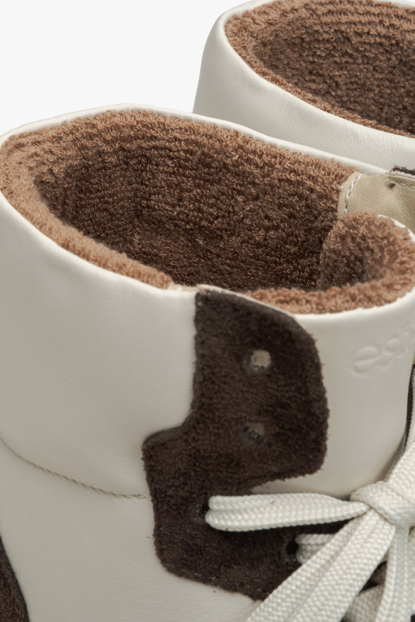 Women's high-top leather sneakers, beige-brown colour - close-up on details.