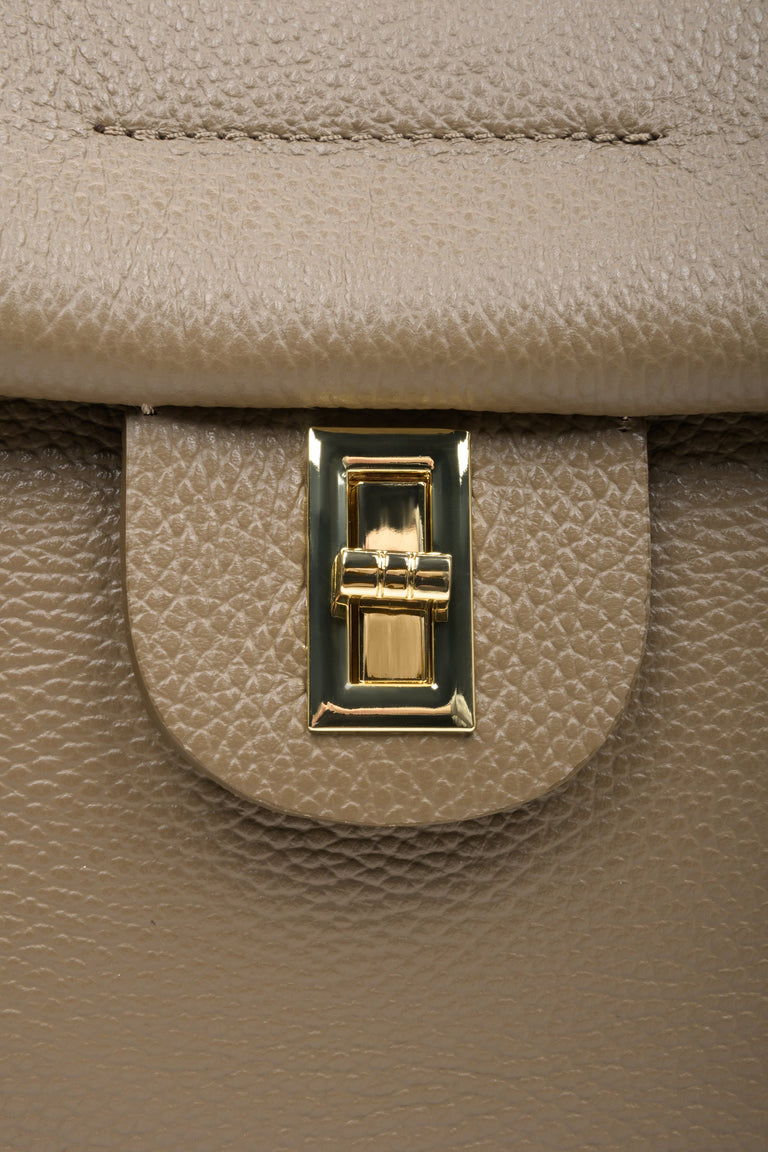 Women's brown boxy-style handbag - close-up of the gold clasp.