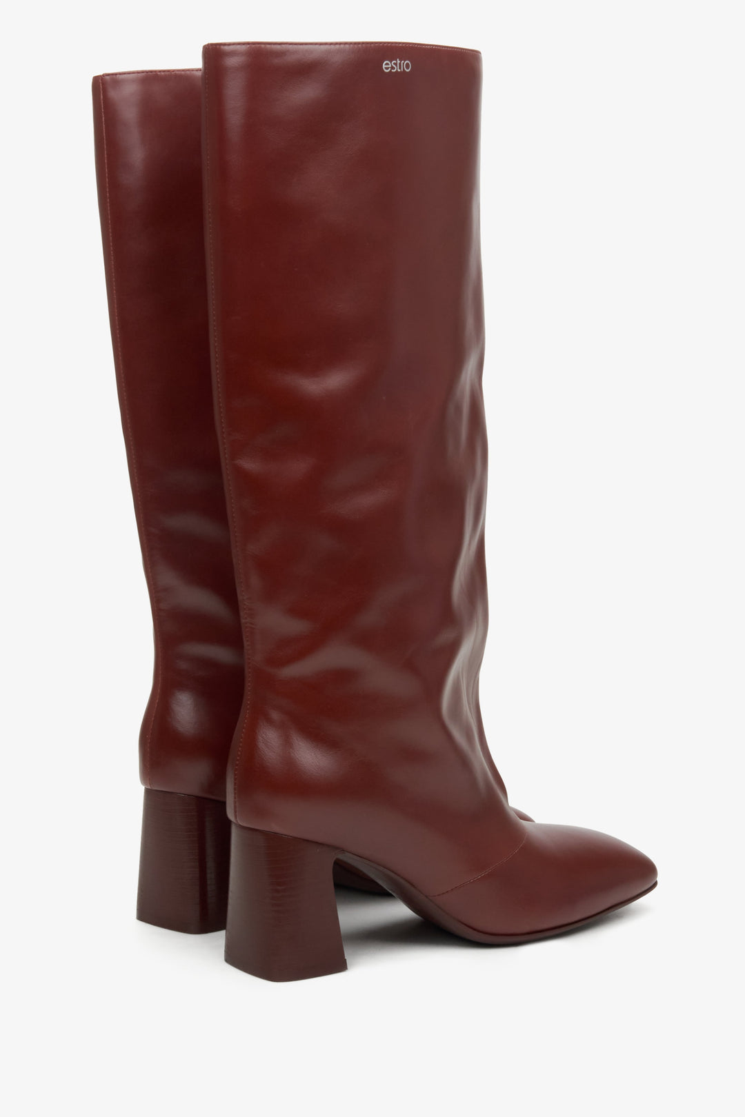 Women's oversized shaft genuine leather high boots in burgundy.