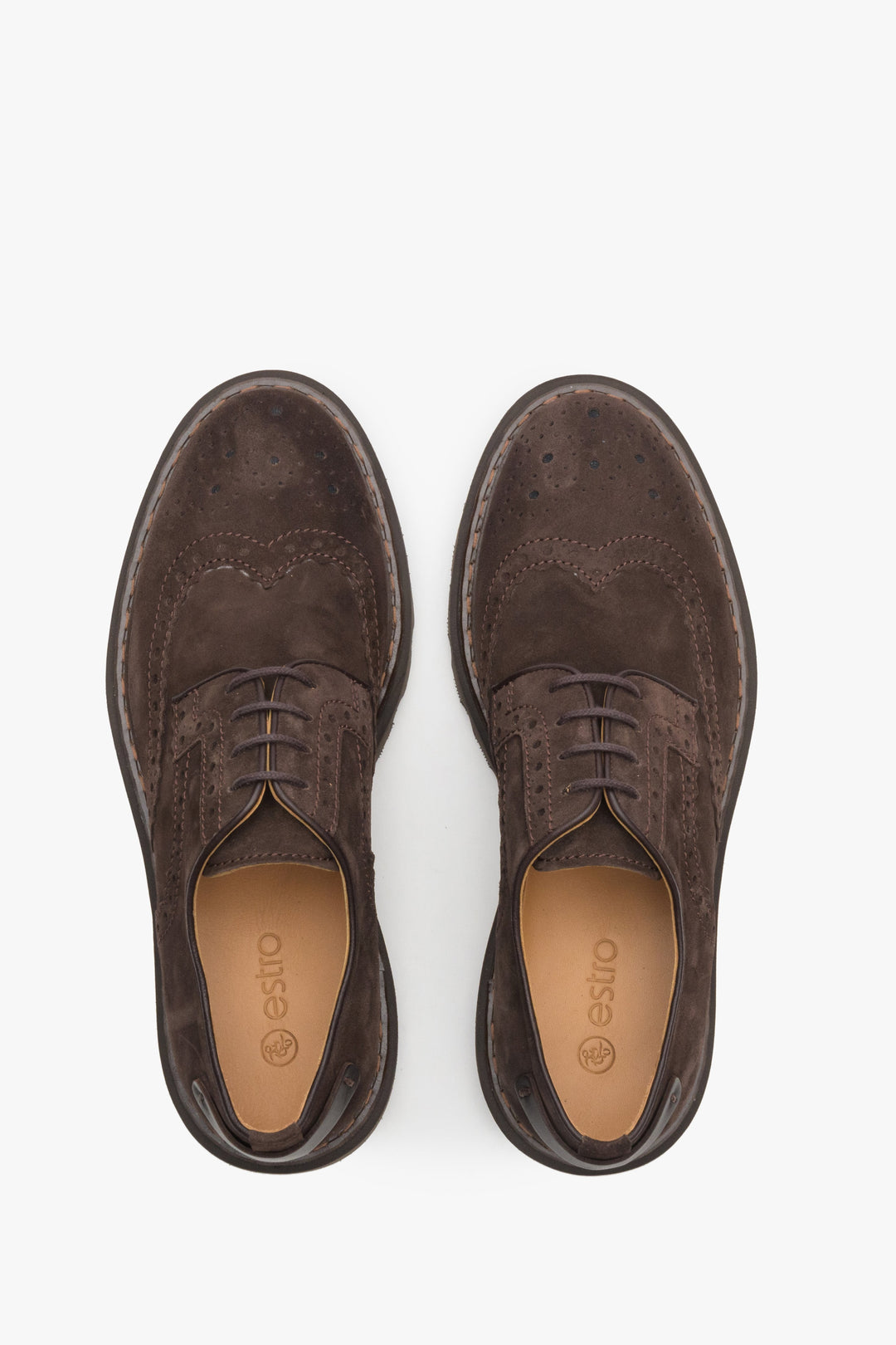 Dark brown men's Oxford shoes in natural suede by Estro - top view presentation of the model.