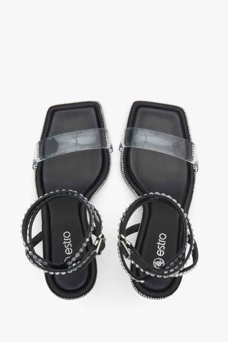 Women's black sparkly heeled sandals Estro - presentation from above.