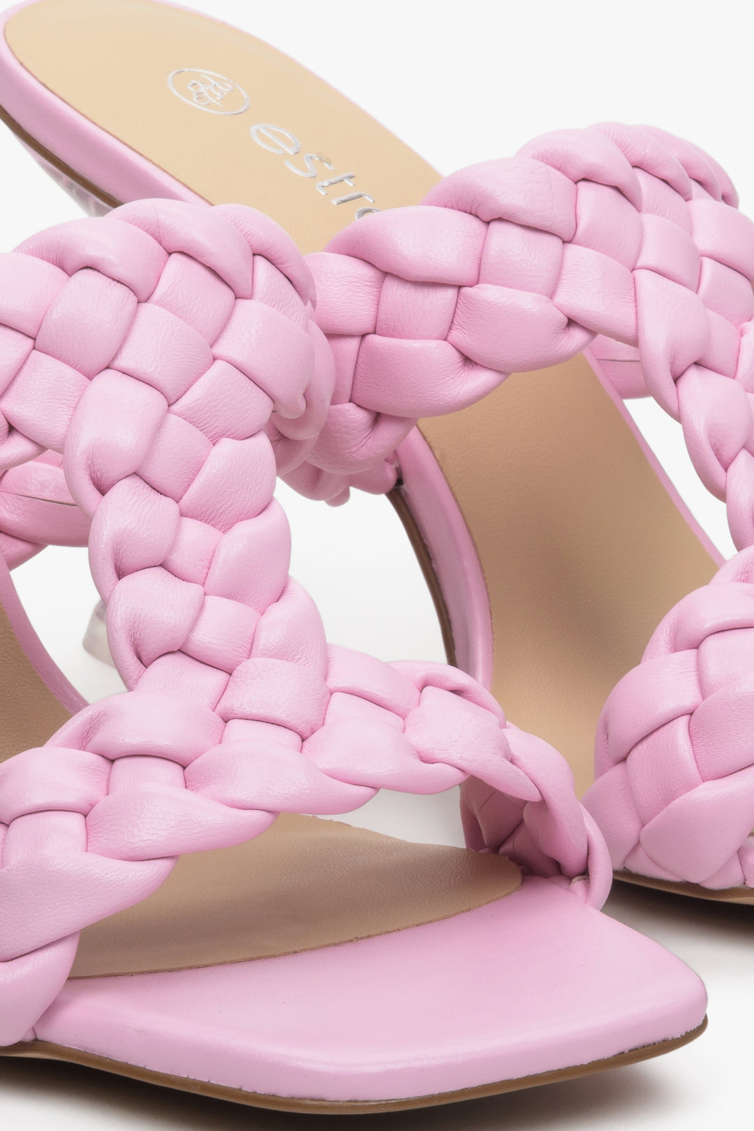 Women's pink leather heeled sandals - a close-up on details.