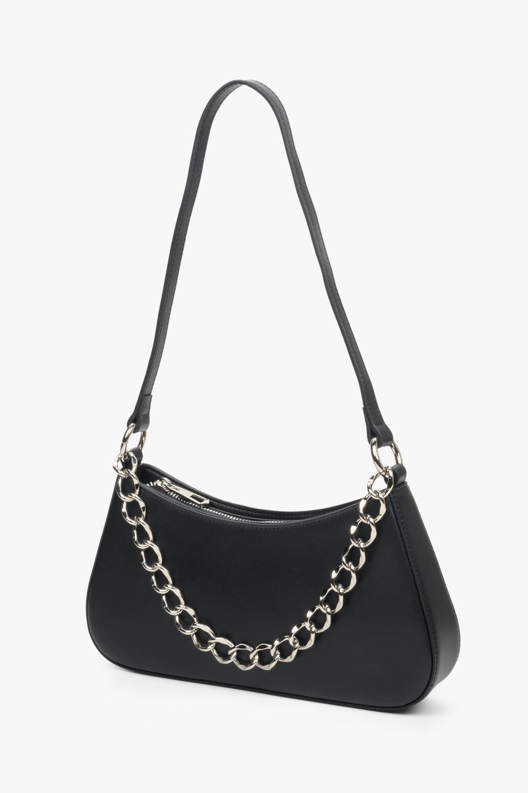 Women's black leather baguette chain bag by Estro.