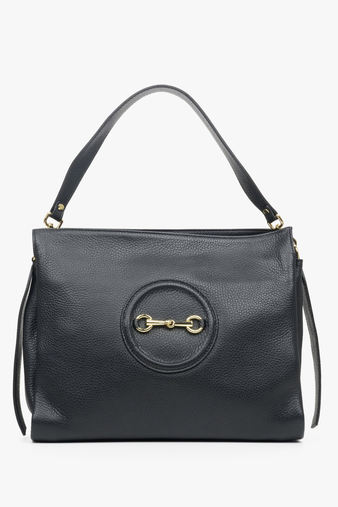 Large women's handbag made from natural black leather with accents, brand Estro.