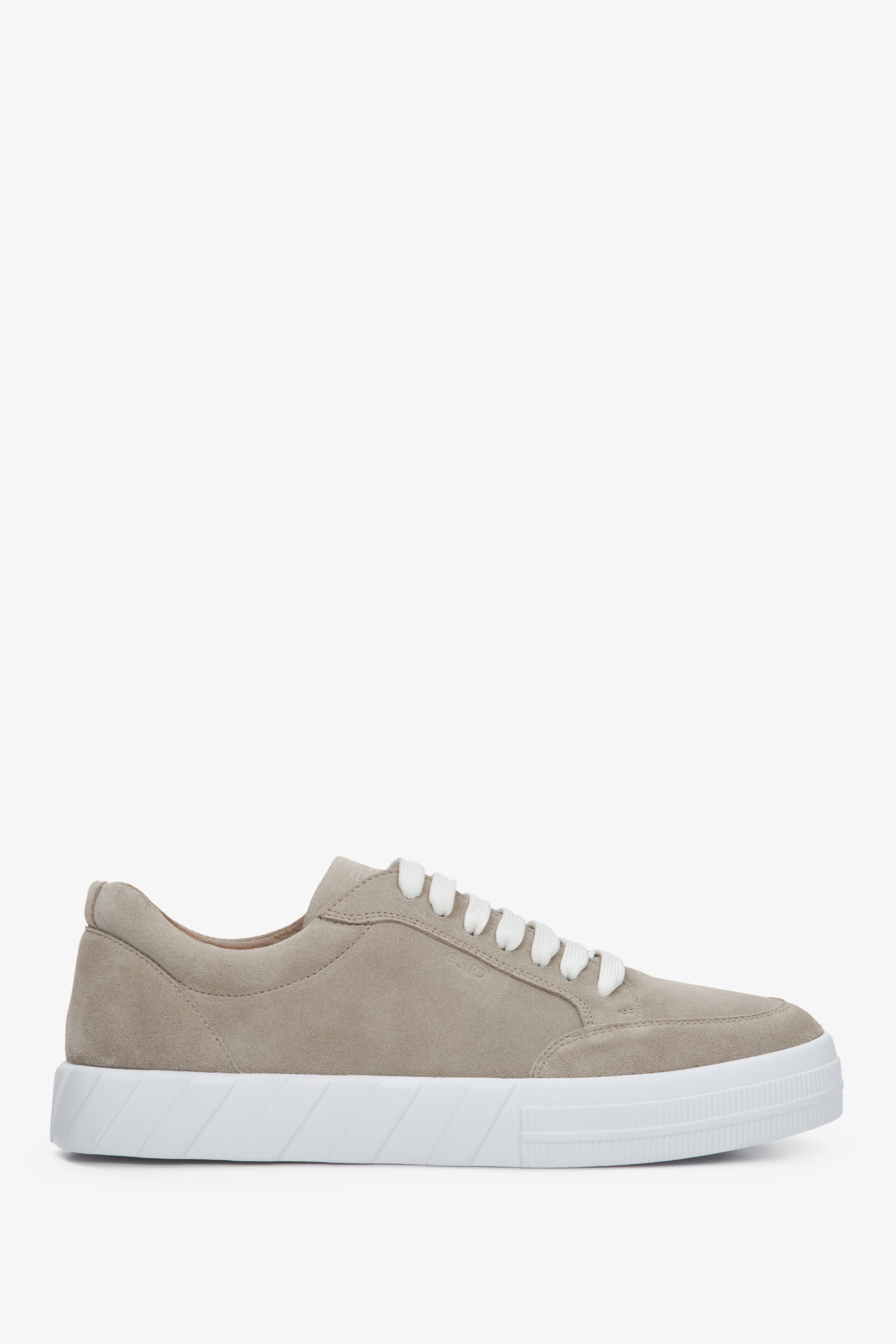 Men's beige suede sneakers by Estro with laces - profile view of the shoe.