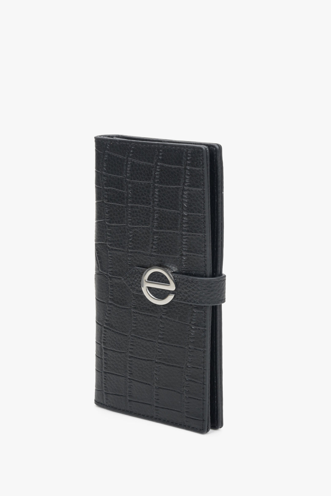 Large black women's wallet with silver fittings by Estro.