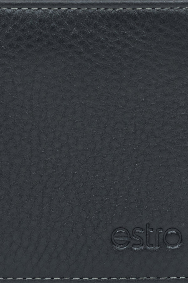 Compact men's wallet by Estro in black, made of genuine leather and designed in a folding style - details.