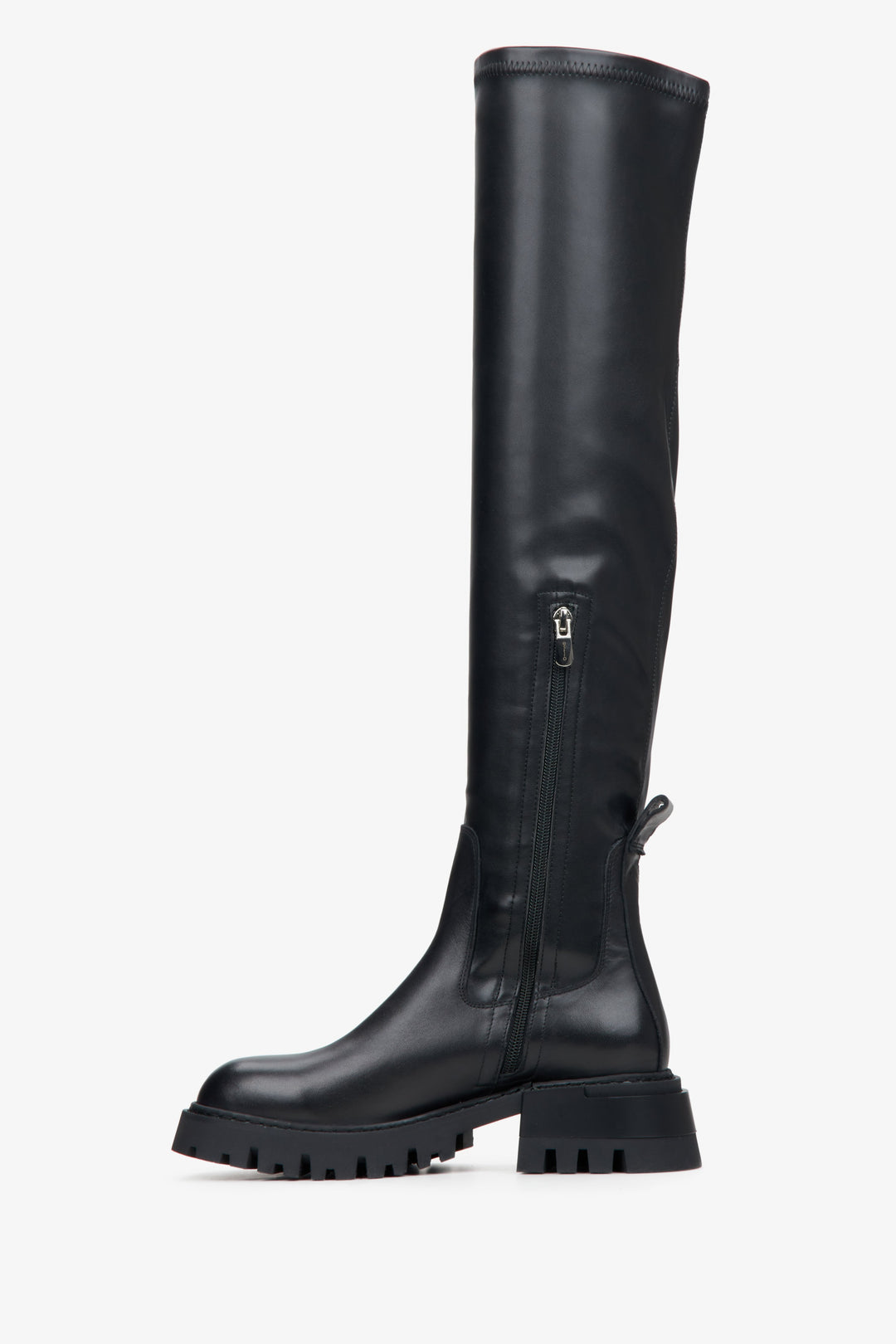 Women's black leather boots by Estro - shoe profile.