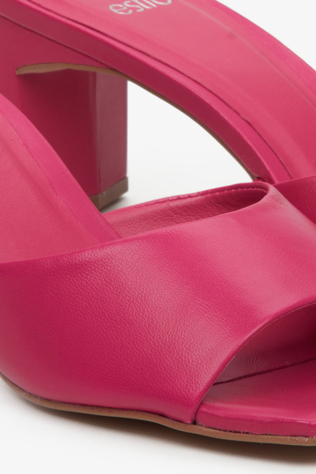 Women's pink leather mules with a sturdy block heel by Estro - close-up on details.