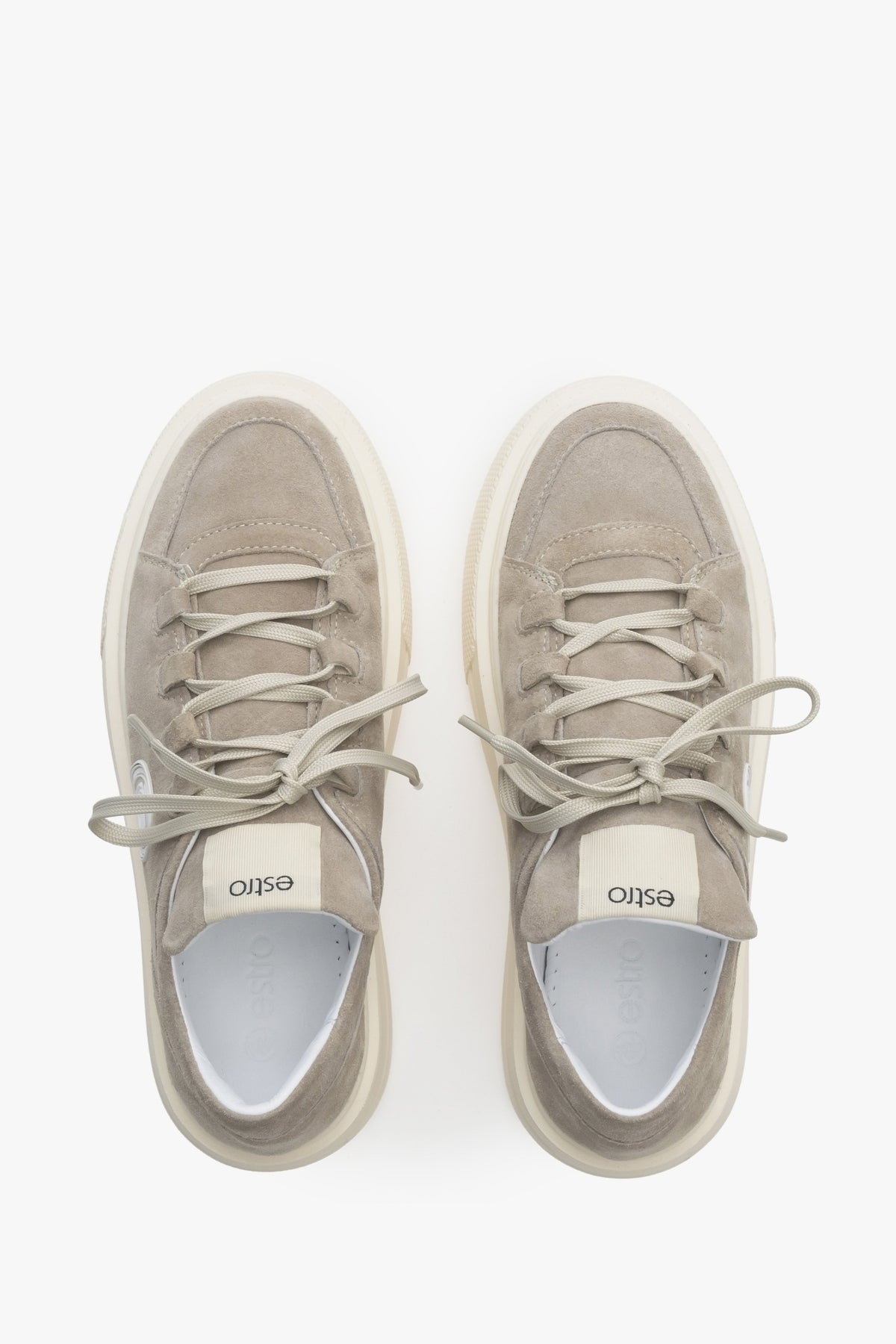 Estro beige sneakers on a thick genuine leather sole - top view presentation of the model.