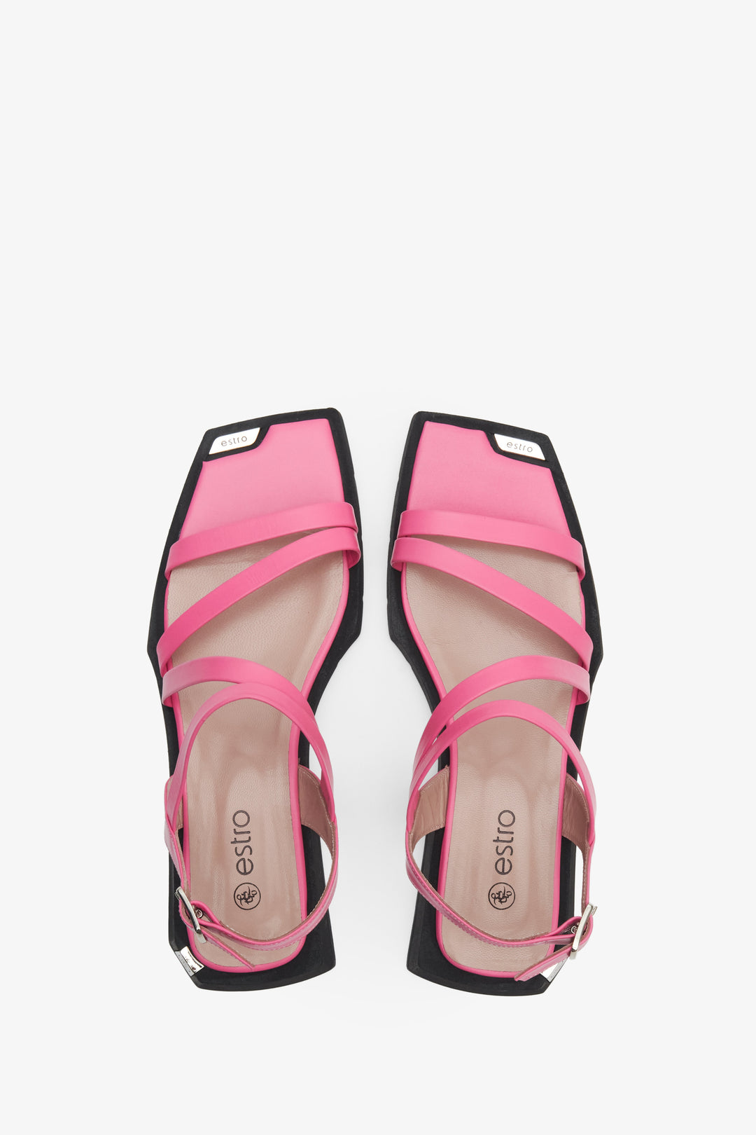 Leather, women's pink summer sandals by Estro - presentation of the footwear from the top.
