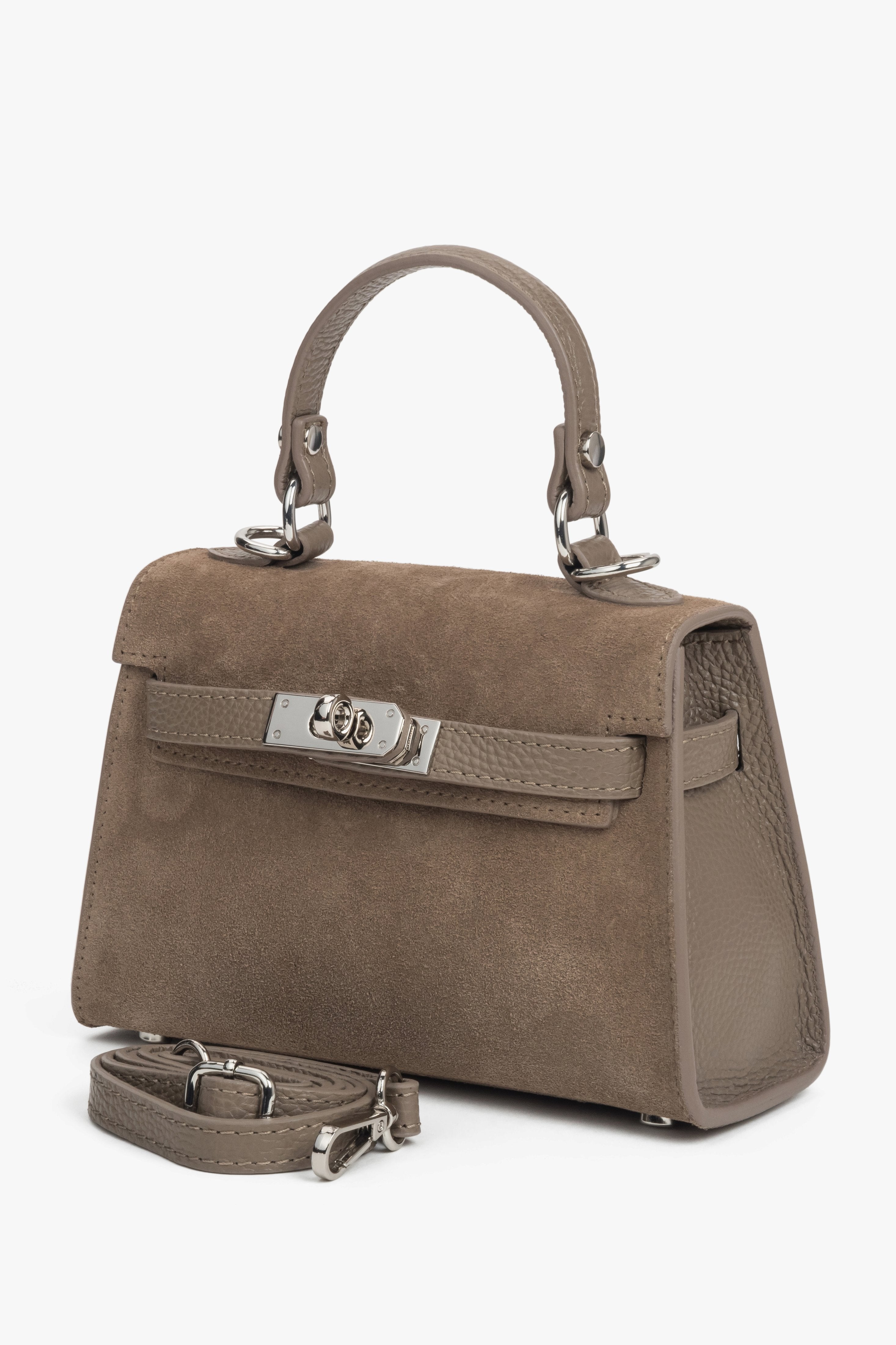 Women’s dark beige satchel handbag made of Premium Italian velour with silver hardware, Estro.
