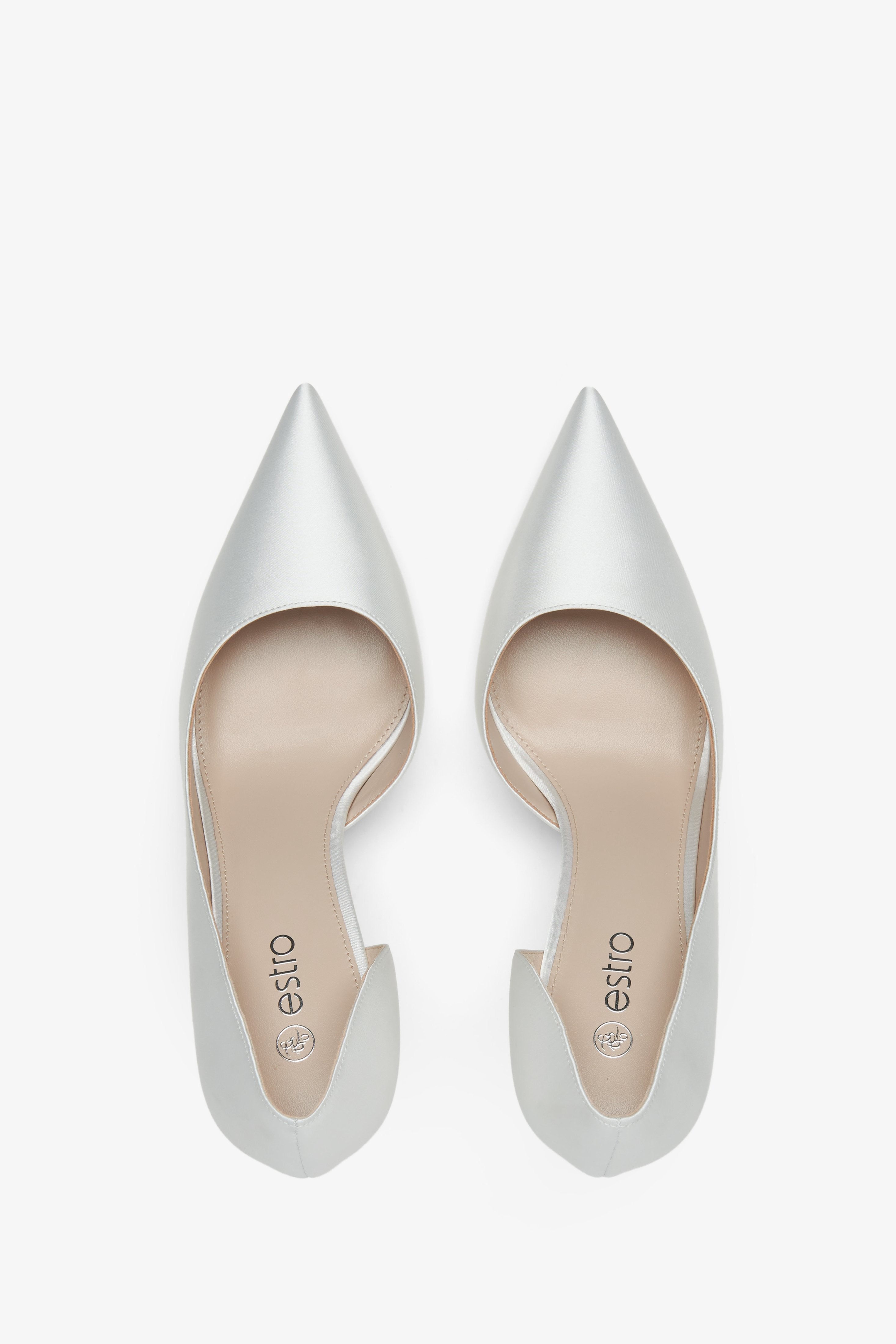 Estro women's milk-white satin high heels - top view model presentation.