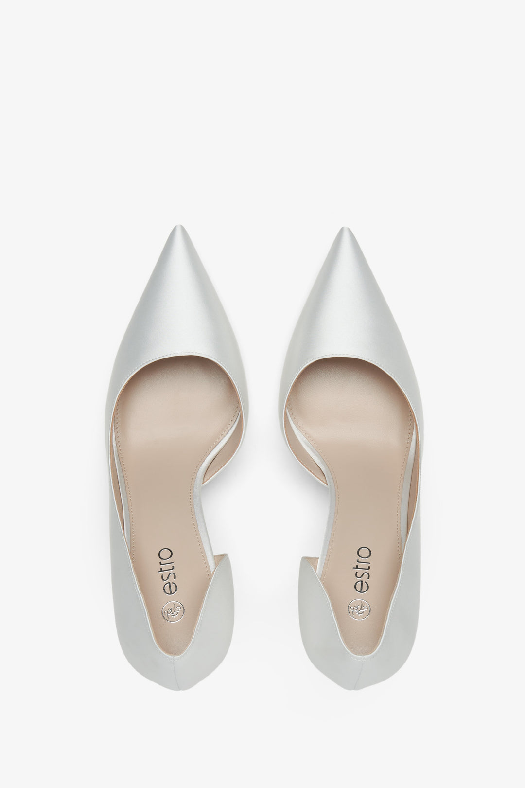 Estro women's milk-white satin high heels - top view model presentation.