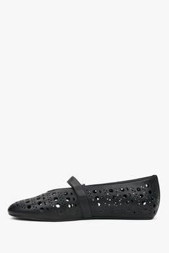 Stylish black Estro women's ballet flats, made of perforated genuine leather, offering breathability and comfort on summer days.