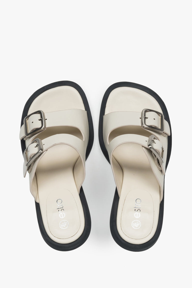 Leather, women's white mules by Estro with a buckle - presentation of the footwear from the top.