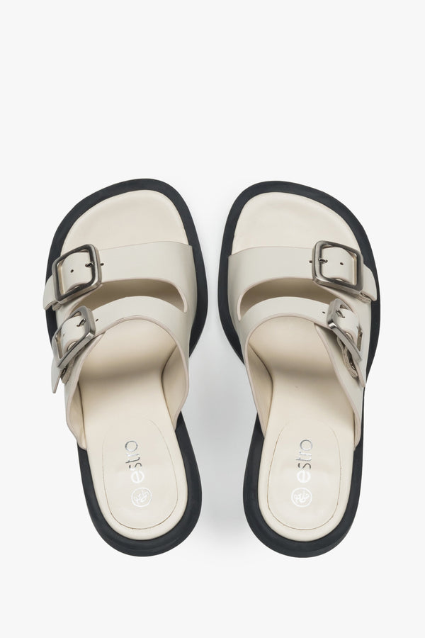 Leather, women's white mules by Estro with a buckle - presentation of the footwear from the top.