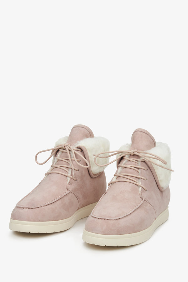 Winter women's boots in pink genuine velour with laces and natural fur by Estro - front line of the shoe.