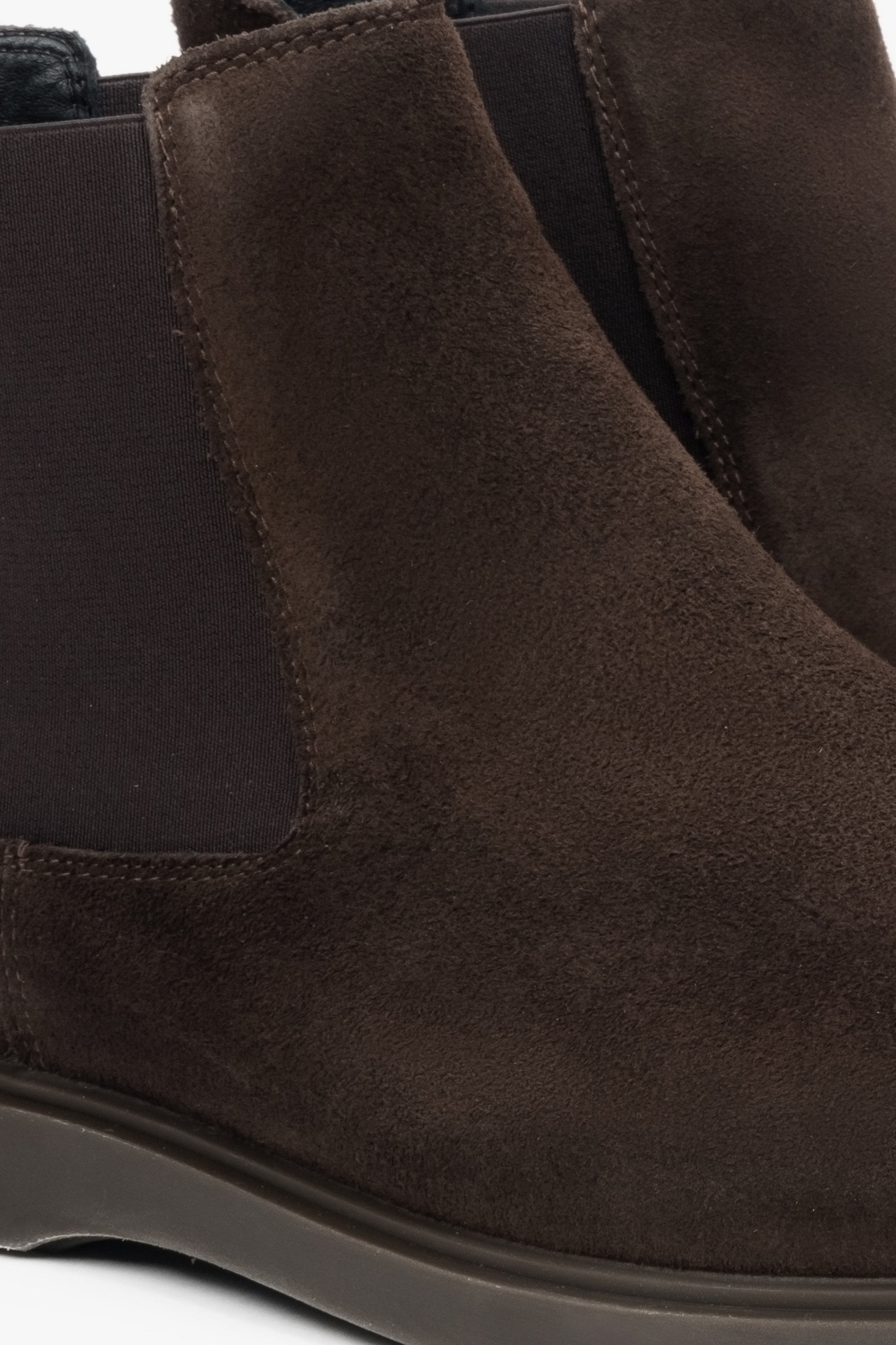 Insulated velour men's Chelsea boots by Estro - close-up of the fabric texture.