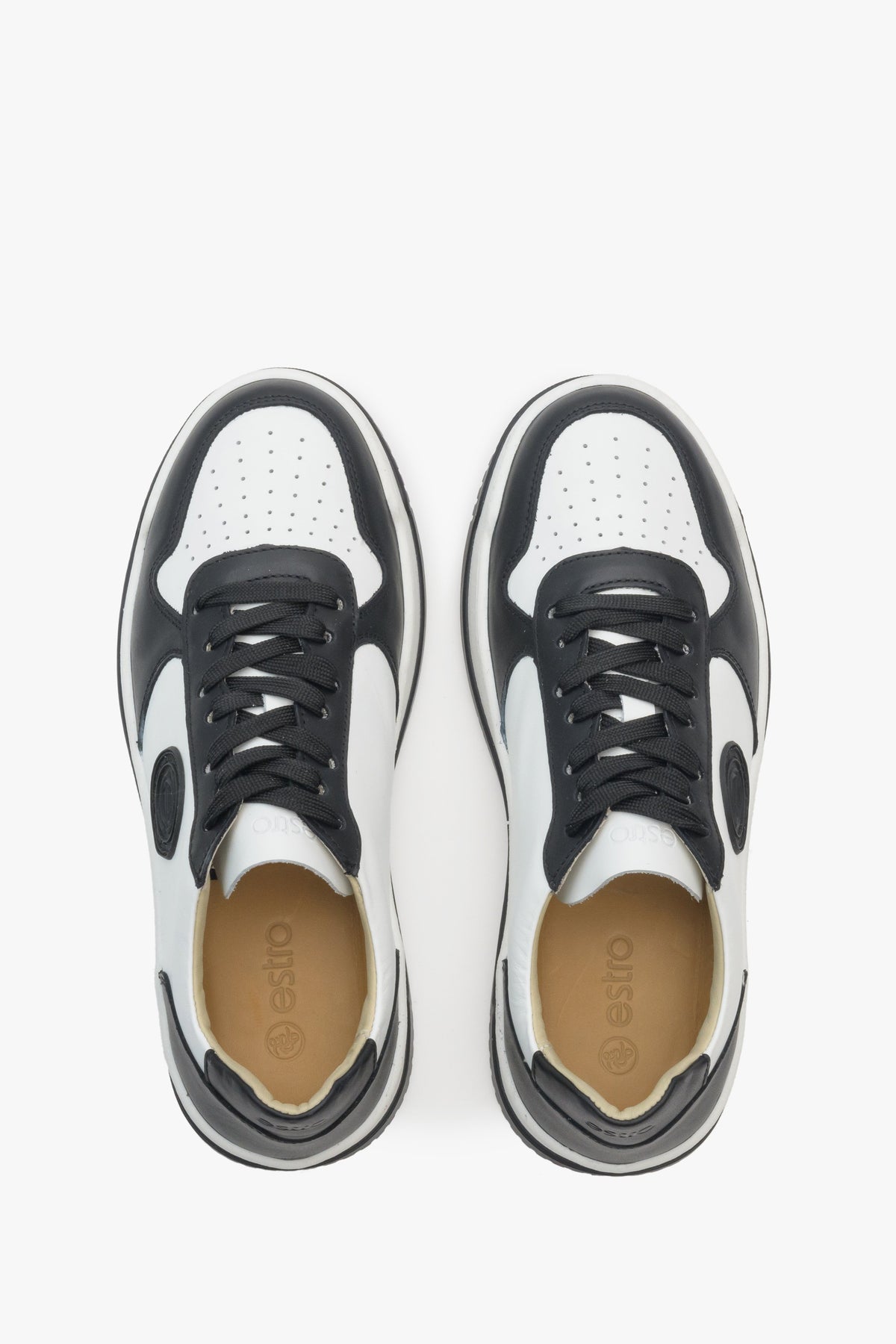 Women's leather sneakers by Estro in black and white color - top view presentation.