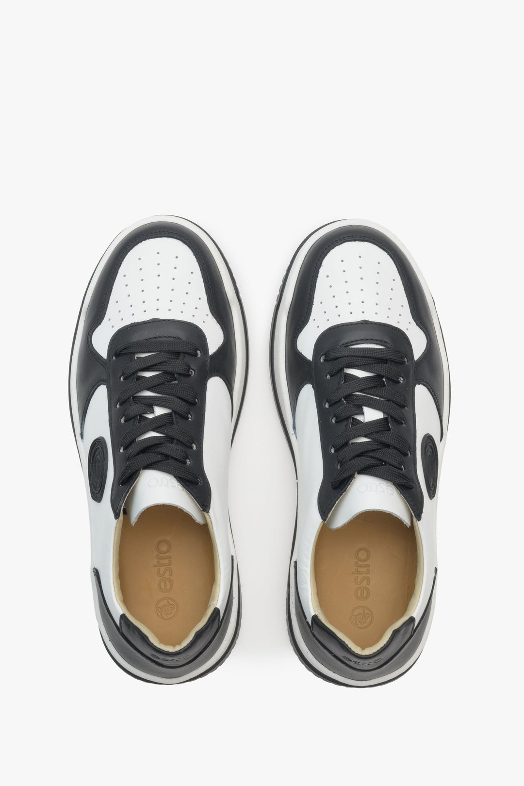 Women's leather sneakers by Estro in black and white color - top view presentation.