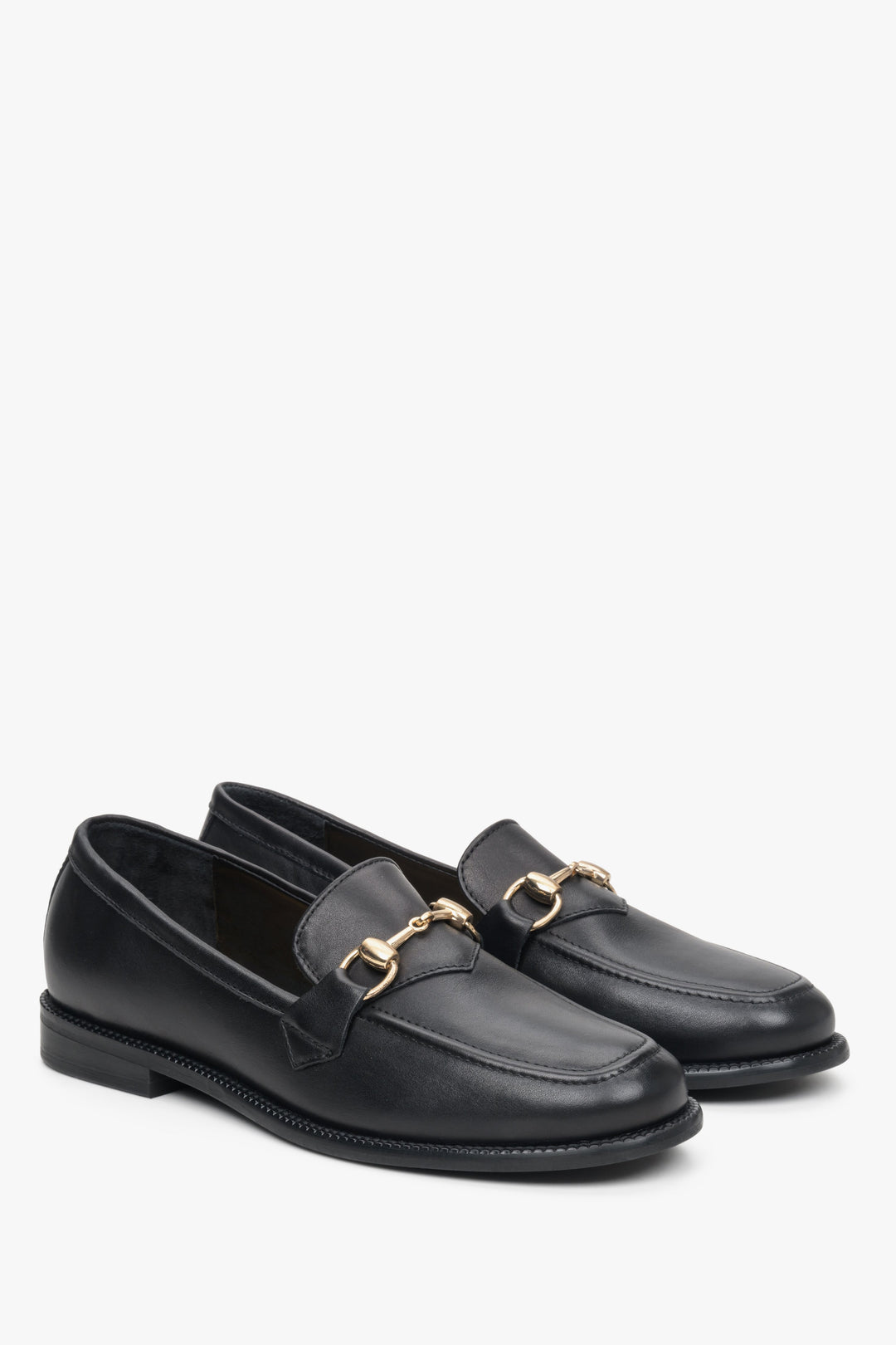Elegant Women's Black Italian Leather Loafers with Gold Buckle by Estro.
