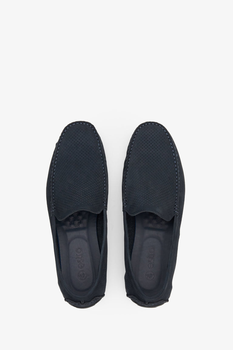 Navy blue nubuck men's loafers for fall - top view shoe presentation.