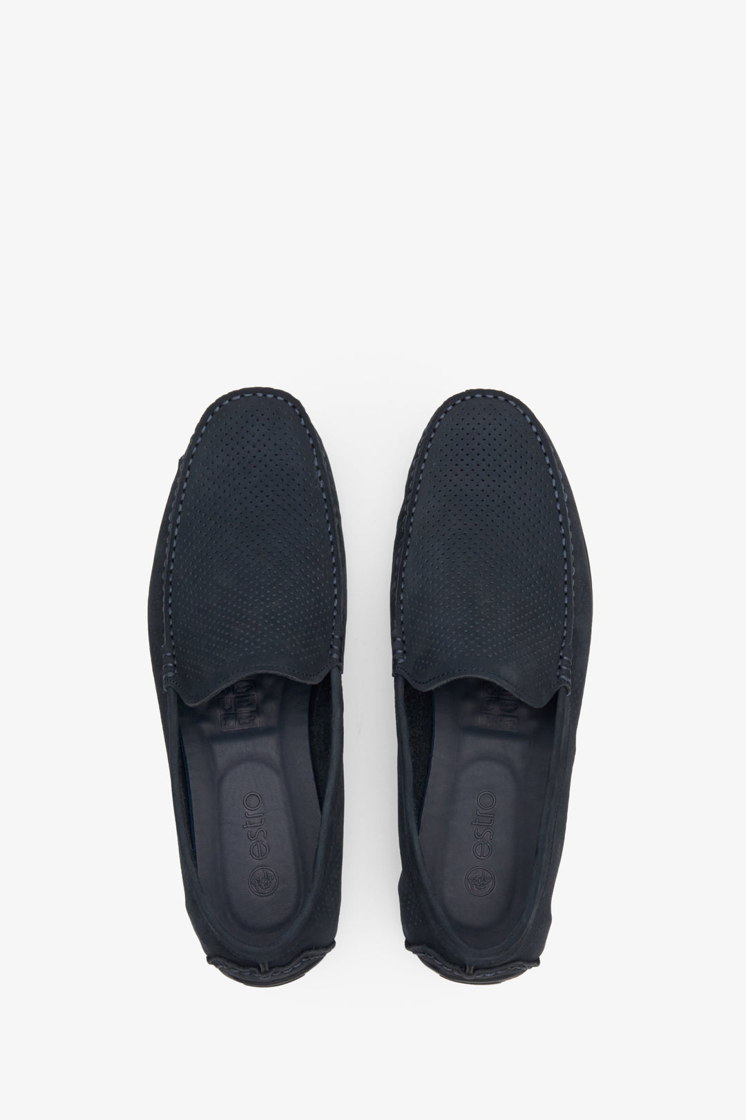 Navy blue nubuck men's loafers for fall - top view shoe presentation.