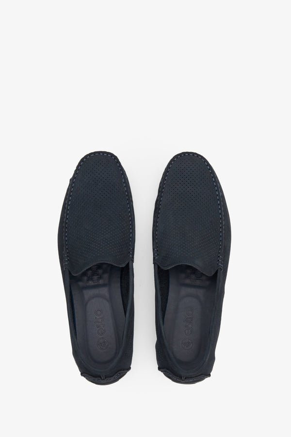 Navy blue nubuck men's loafers for fall - top view shoe presentation.