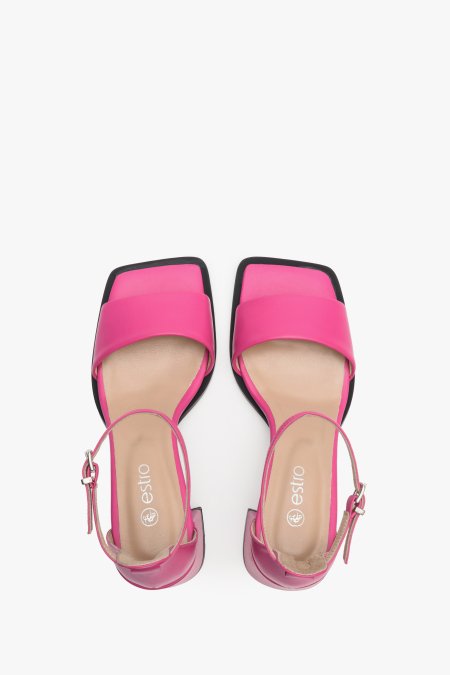 Women's pink leather block-heeled sandals - top view presentation of Estro footwear.