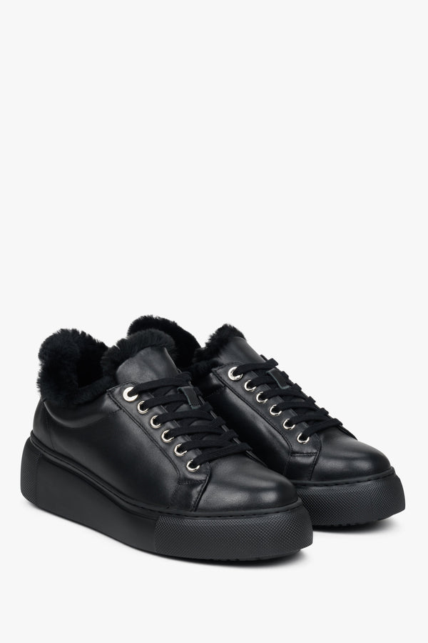 Leather, insulated women's black  sneakers by Estro - front part of the shoe.