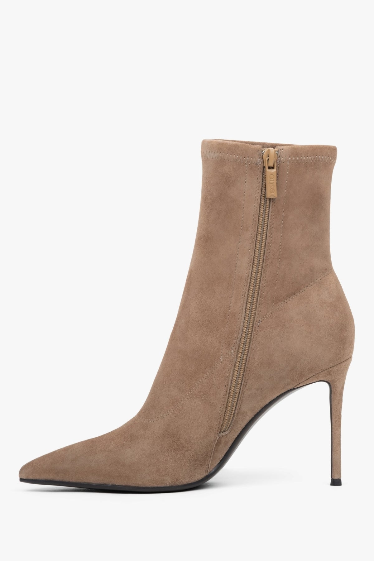 Women’s ankle boots Estro, beige, with stretch shaft, on high stiletto heel.