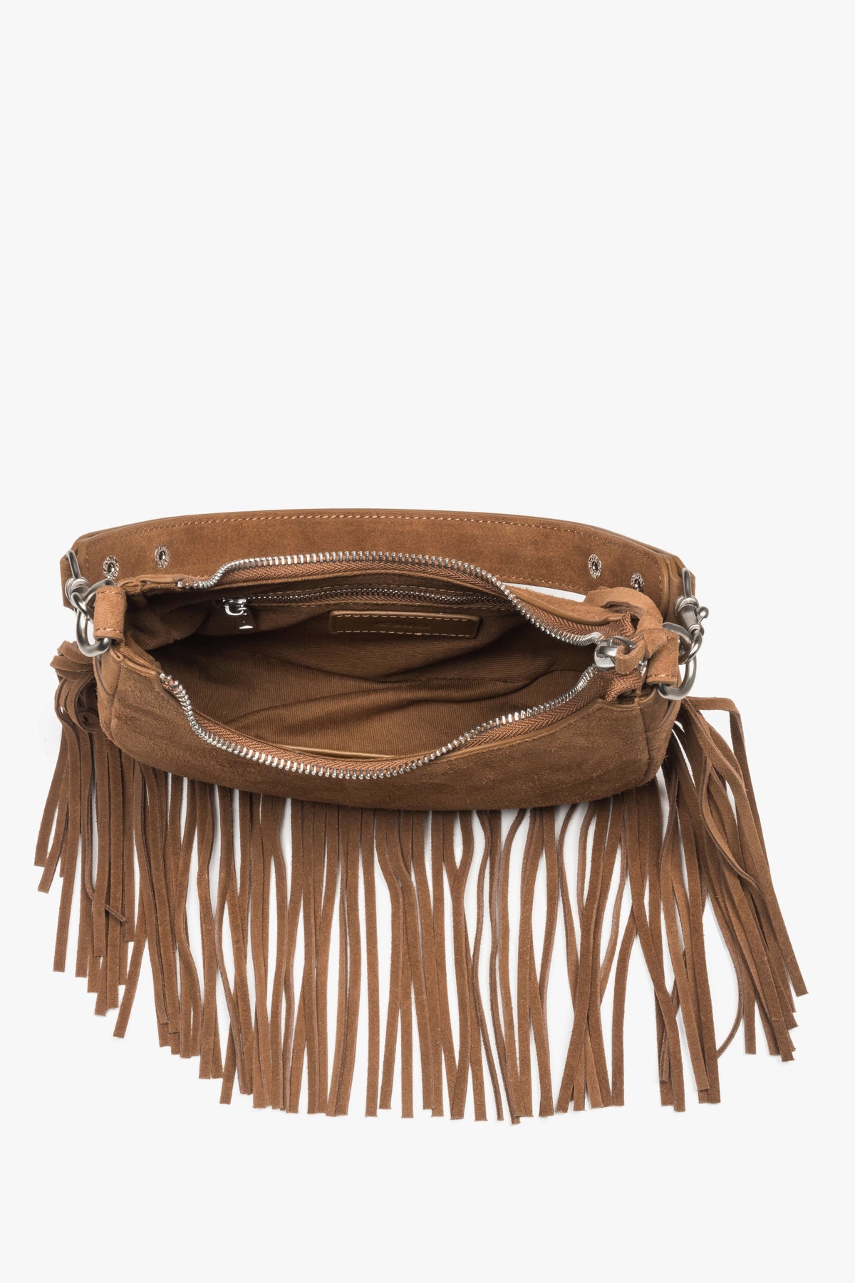 Women's shoulder bag made of genuine velour in a brown shade.
