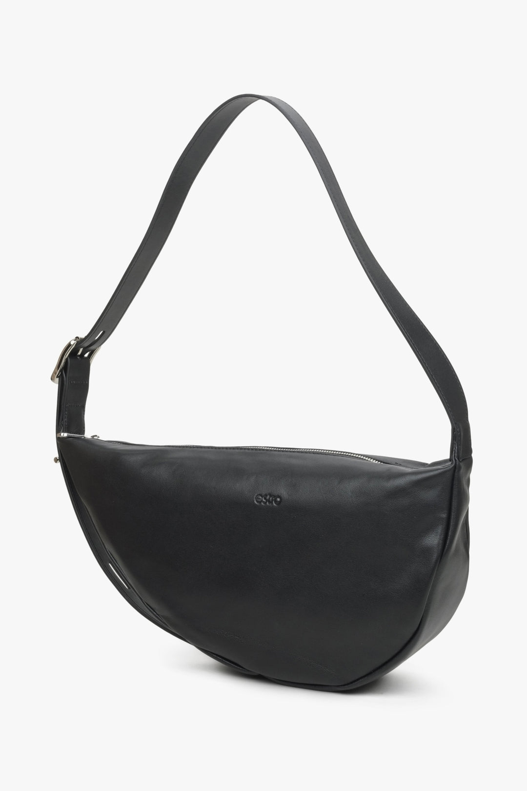 Women's black leather Estro handbag - front view of the model.