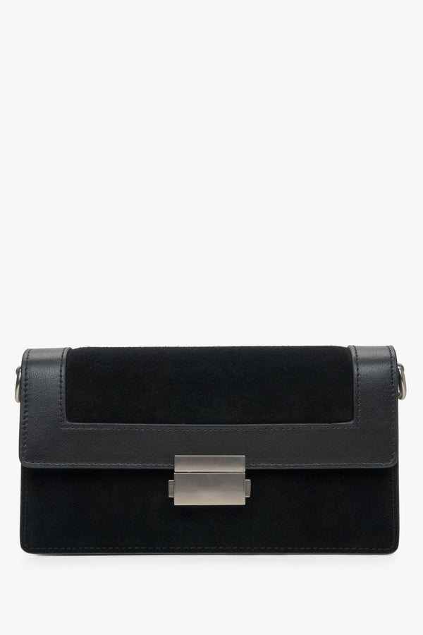 Women's Small Black Bag made of Leather and Velour with Silver Details Estro ER00115769.