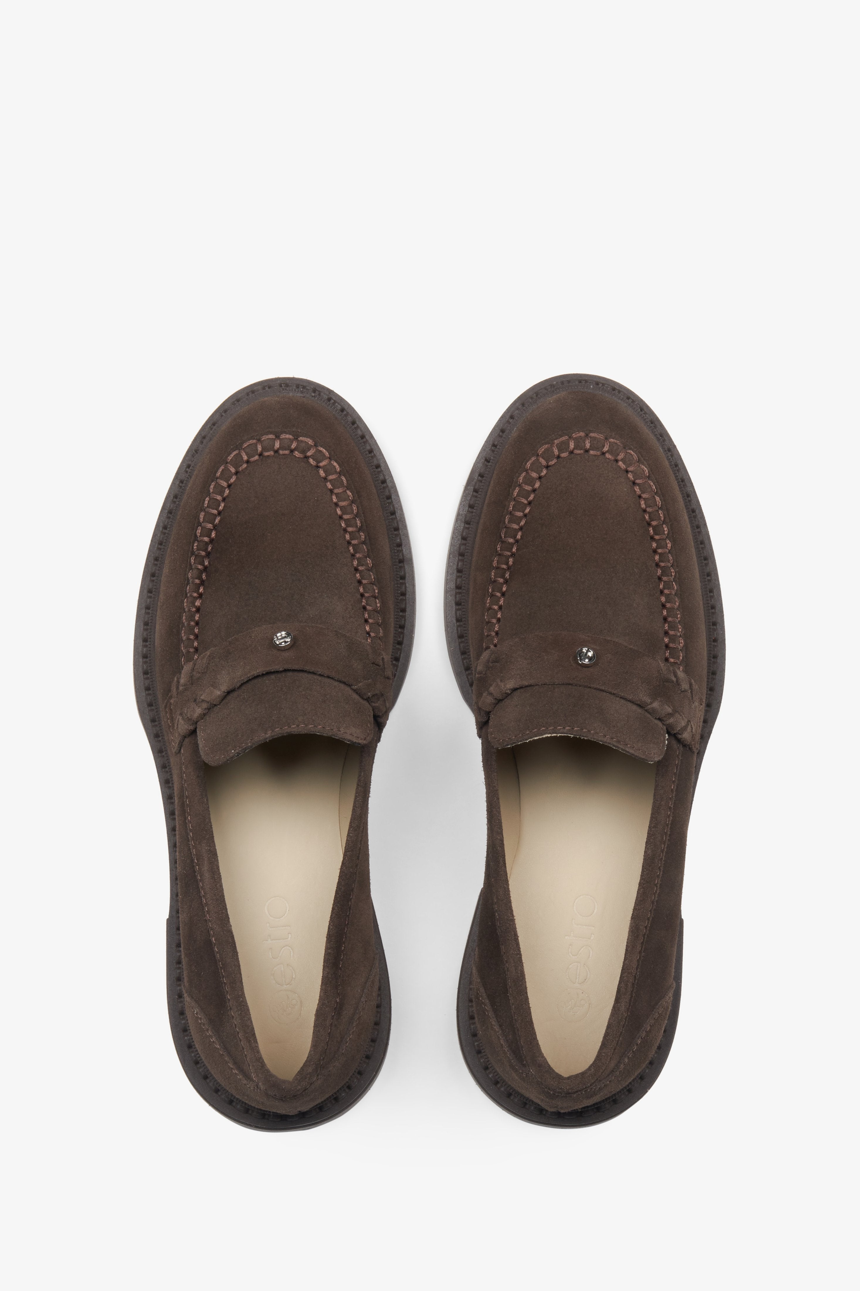 Brown velour penny loafers for women - top view of the shoes.