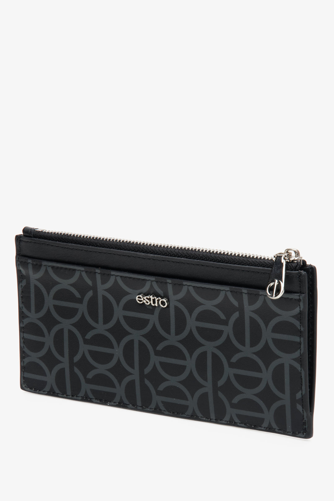 Stylish, large, women's black wristlet by Estro, made of genuine leather with silver accents.