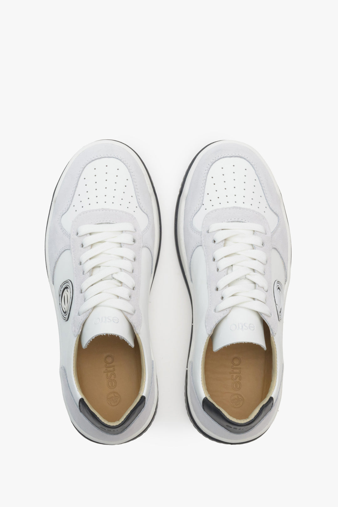 Women's leather sneakers by Estro in grey and white color - top view presentation.