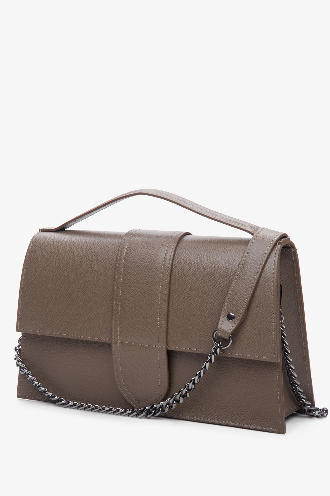 Women's small brown leather handbag by Estro - close-up on the front of the model.
