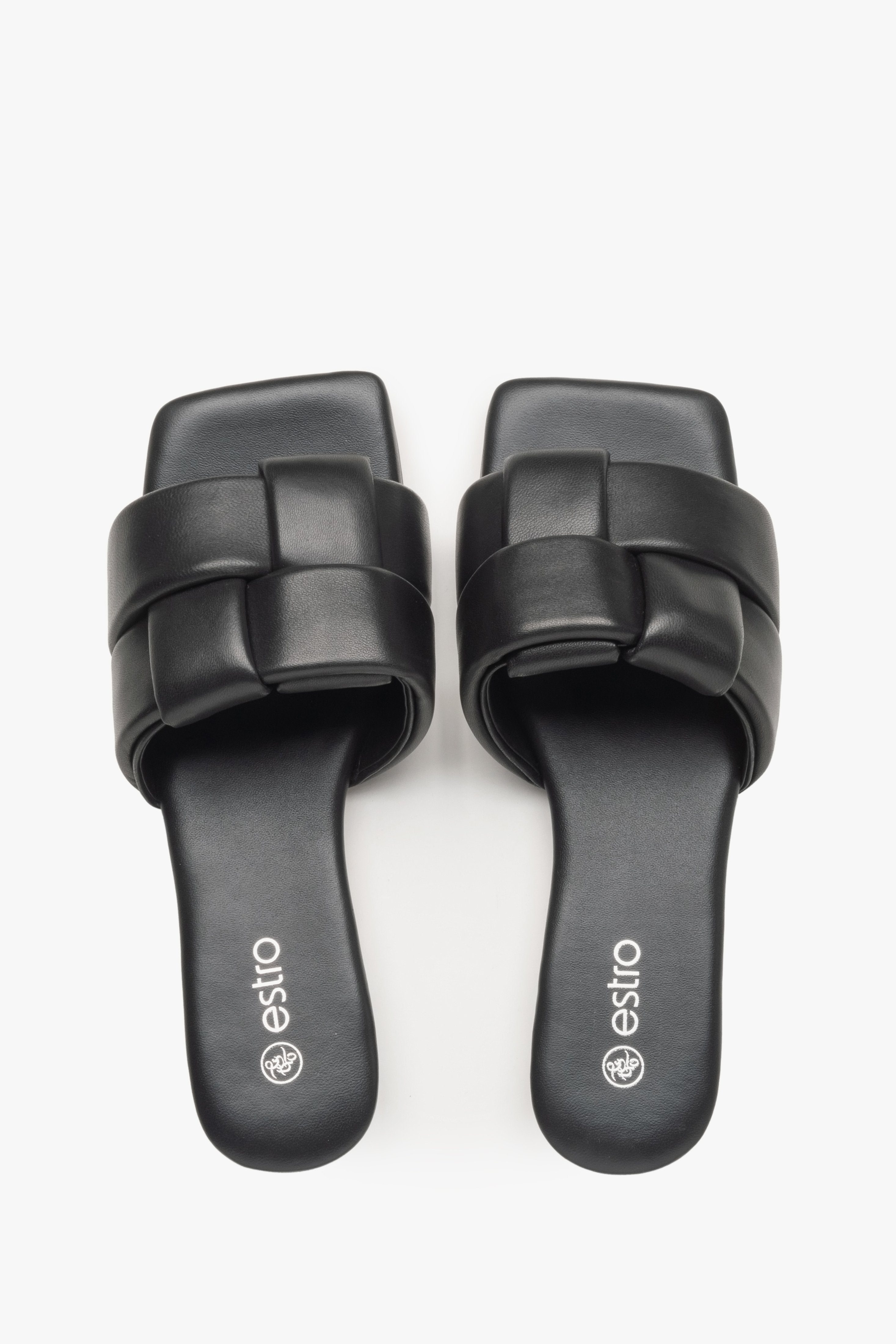 Women's black leather  slides by Estro - top view presentation of the model.