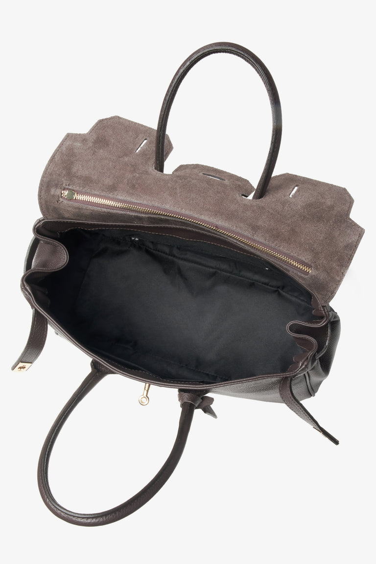 Women's dark brown satchel handbag made of premium Italian genuine leather.