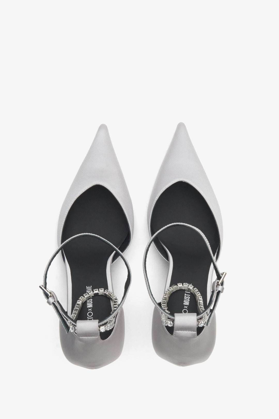 Women's pointed-toe pumps in grey with a crystal strap - top view presentation of the model.