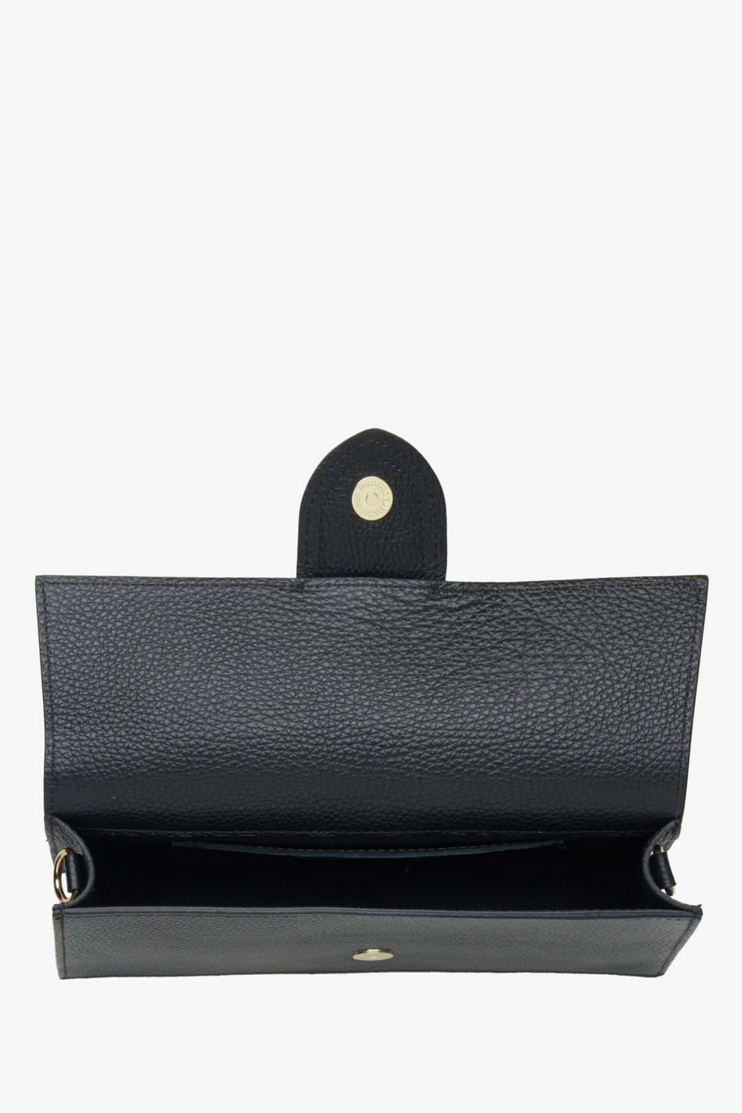 Women's  black handbag - a close-up on bag's main department.